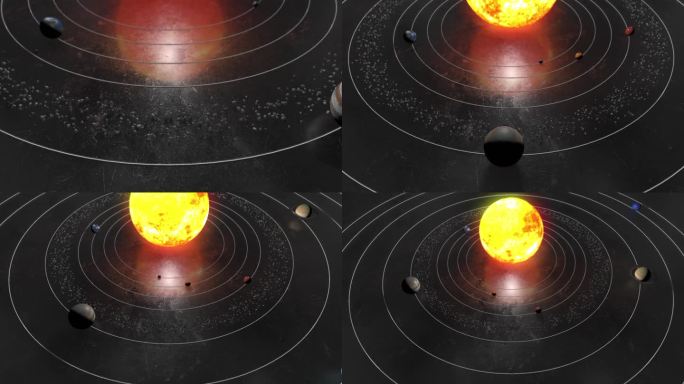 4K太阳和太阳系行星空间动画、天文学、3D渲染、水星、金星、地球、火星、木星、土星、天王星、海王星、