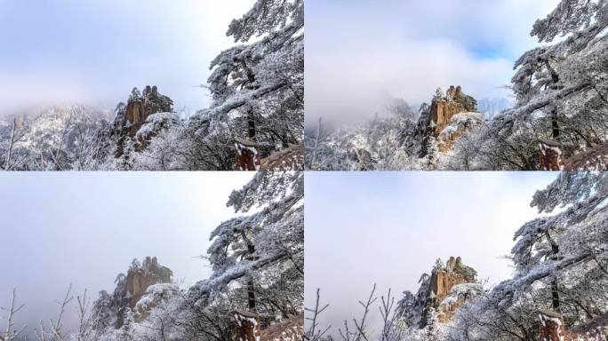 安徽黄山冬季雾凇雪景风光延时摄影