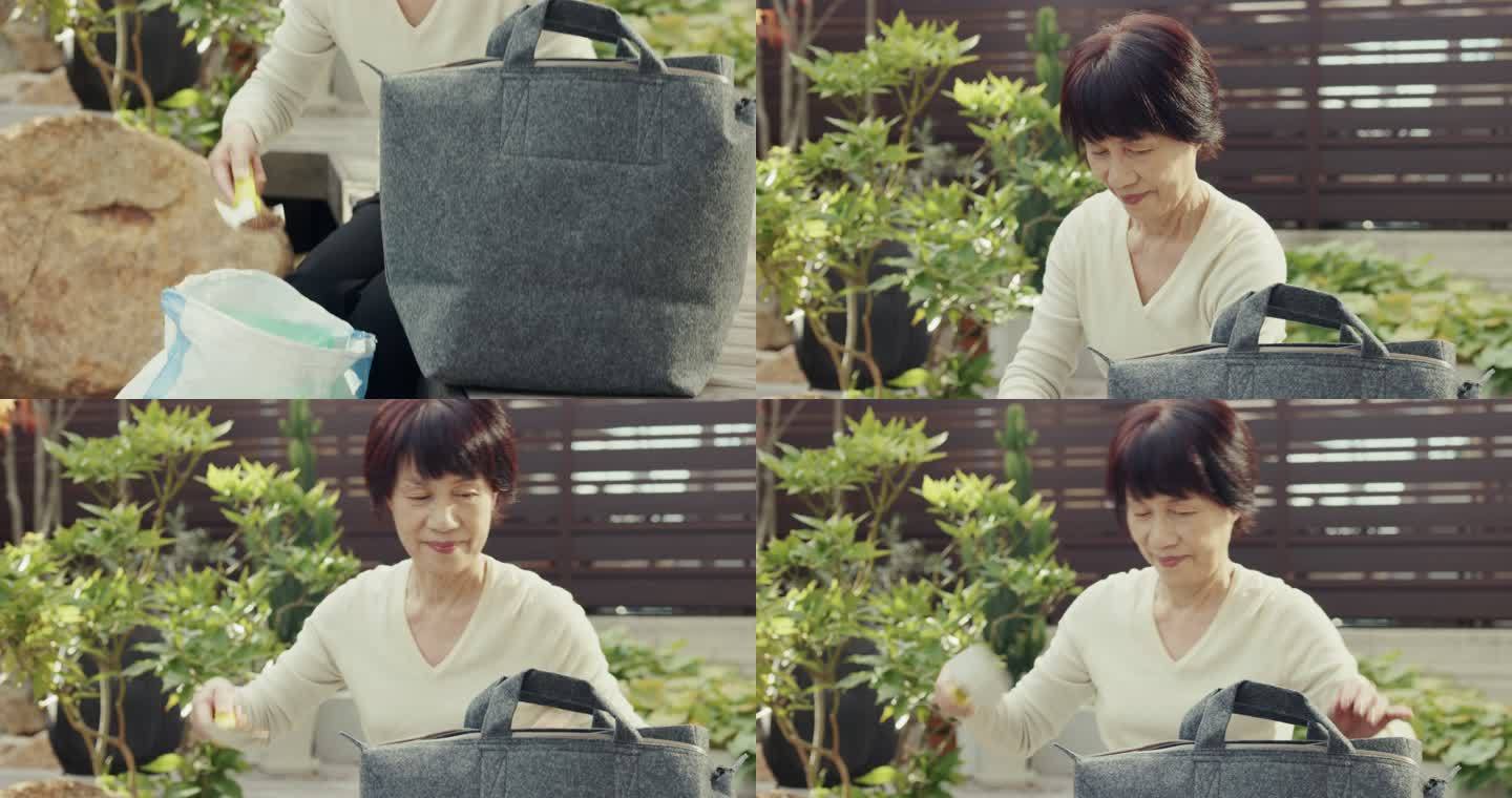MS-日本高级妇女向家庭堆肥袋中添加土壤