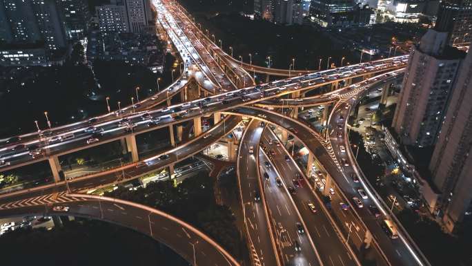 上海延安立交高架路夜景航拍