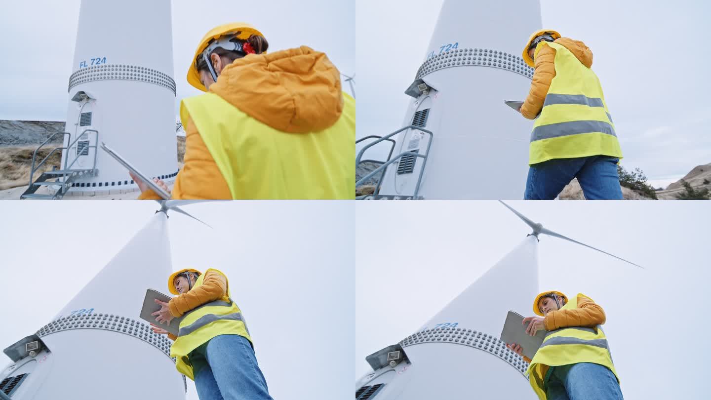 在风电场工作的女性风能工程师。可再生能源系统。碳中和和可持续能源。