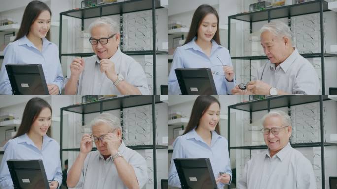一位亚洲老人买了新眼镜，向女儿请教，并开心地笑了。在一家光学商店。