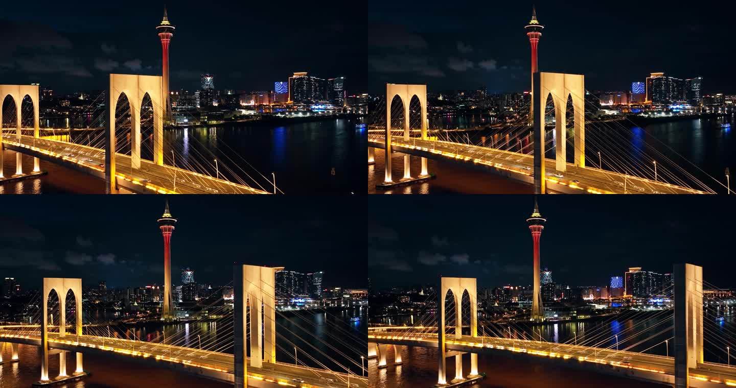 澳门旅游塔西湾大桥夜景航拍视频