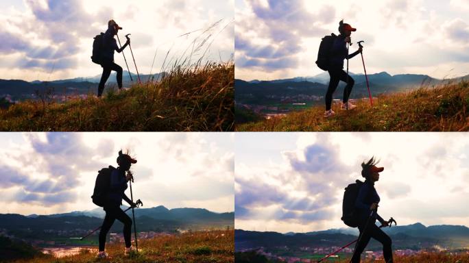 女孩山顶徒步爬山散步旅游冒险户外阳光自由