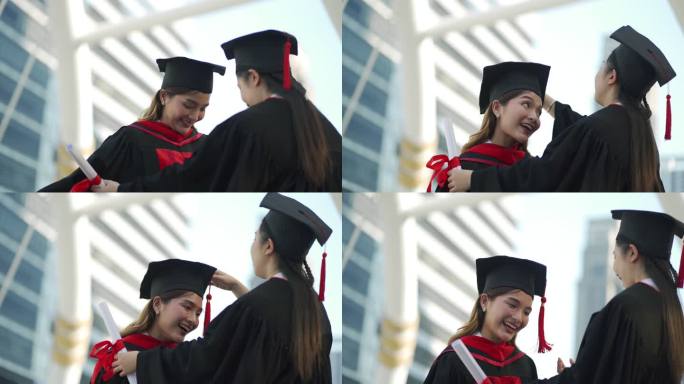 4K年轻毕业女性在庆祝毕业时检查朋友的衣服