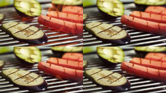 烧烤烤架上烤素食香肠和蔬菜超级慢动作视频