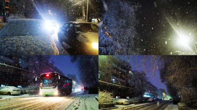 夜晚雪景街道飘雪