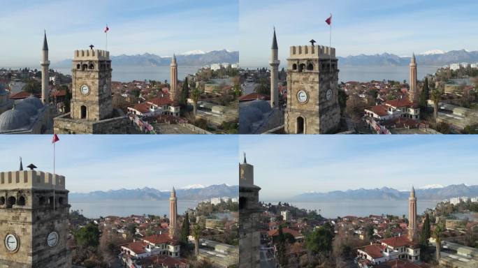 安塔利亚老城、钟楼、伊夫利尖塔、Tekeli Mehmet Pasa清真寺的4K空中视频片段
