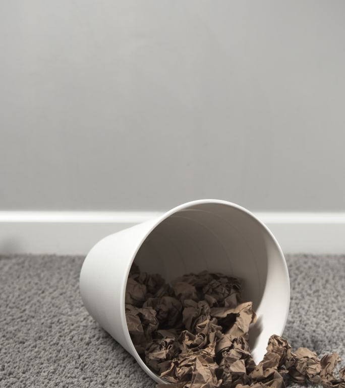 棕色皱巴巴的纸团飞入一个白色圆形垃圾桶，躺在一间光线充足的房间里的灰色地毯上