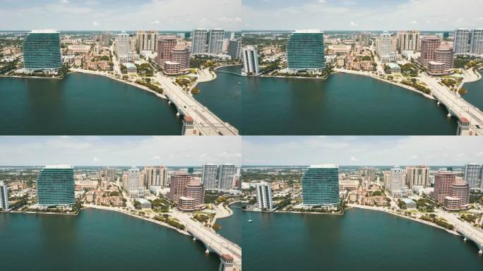 2022年6月19日中午，佛罗里达州海湾海滨西棕榈滩市中心俯瞰棕榈滩岛的空中无人机视频