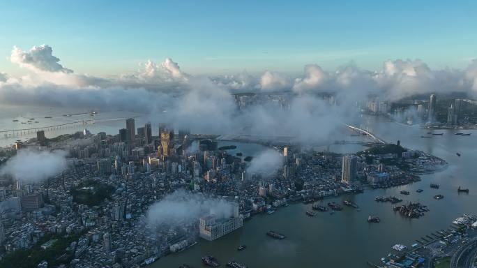 澳门日出云海平流雾航拍视频