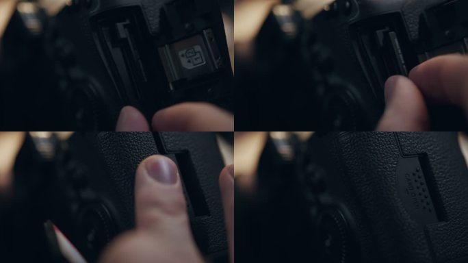 手的特写将SD存储卡移到相机中