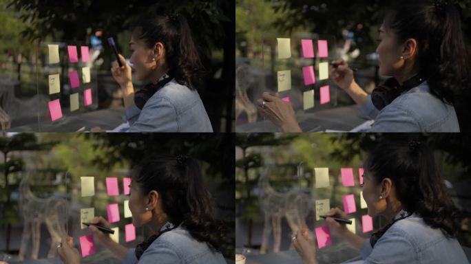 亚洲女人在贴在玻璃墙上的贴纸上写下想法。