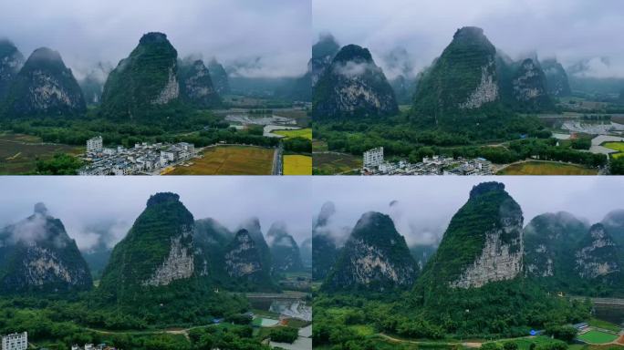 烟雨明仕田园风光 航拍大范围延时摄影