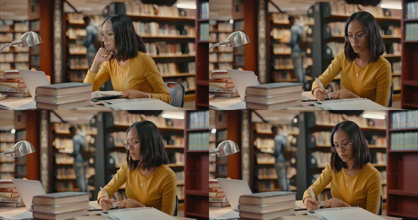 一名学生在校园图书馆学习考试或研究项目。一个戴着眼镜的快乐的年轻律师坐在书桌旁，手里拿着一堆书，一边