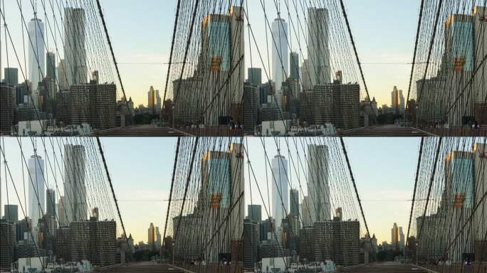 通过布鲁克林大桥电缆拍摄的曼哈顿下城天际线，分辨率为4k