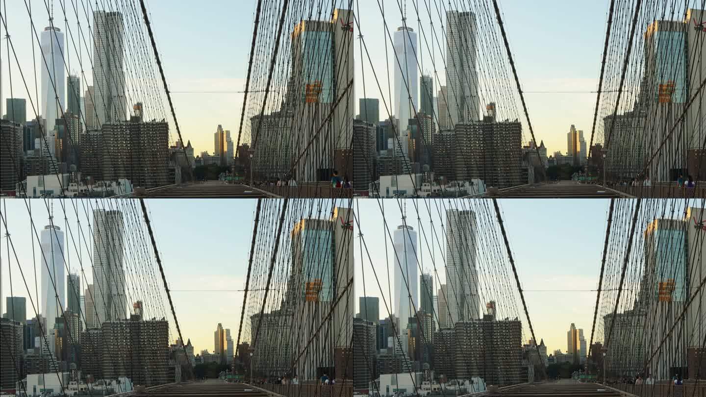 通过布鲁克林大桥电缆拍摄的曼哈顿下城天际线，分辨率为4k