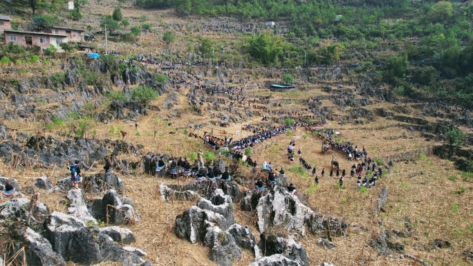 白裤瑶丧葬祭祀人群砍牛活动