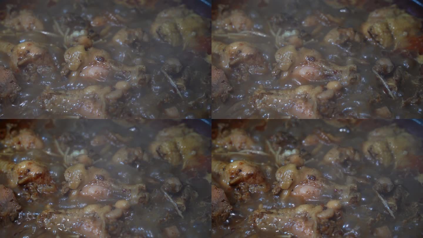4K传统美食：沸腾的烧鸡公铁锅炖鸡肉