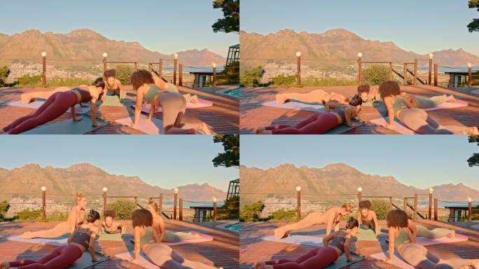 一群年轻女性在日落时只做瑜伽俯卧撑，欣赏风景和文案。适合朋友在一个和平的度假胜地，在健身垫上，在团结