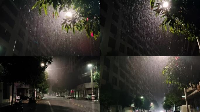 街道夜晚 绿树雨滴 水珠水滴 雨中的街景