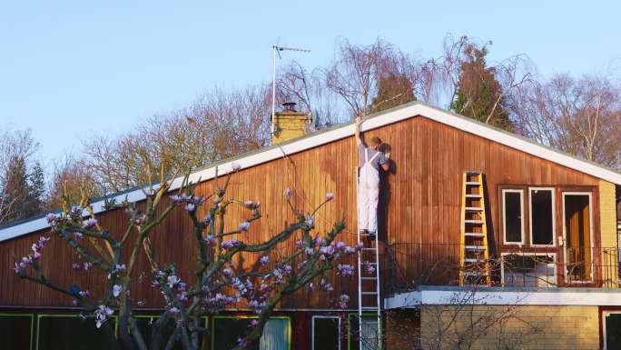 男油漆工在梯子上涂抹房屋外部的木板