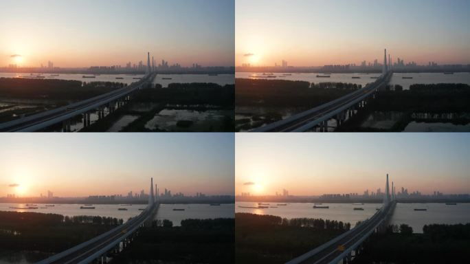 航拍日出时的南京长江五桥