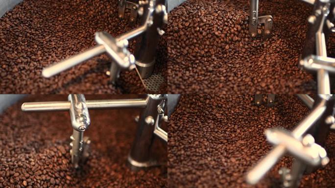 慢动作高角度咖啡烘焙机旋转冷却过程