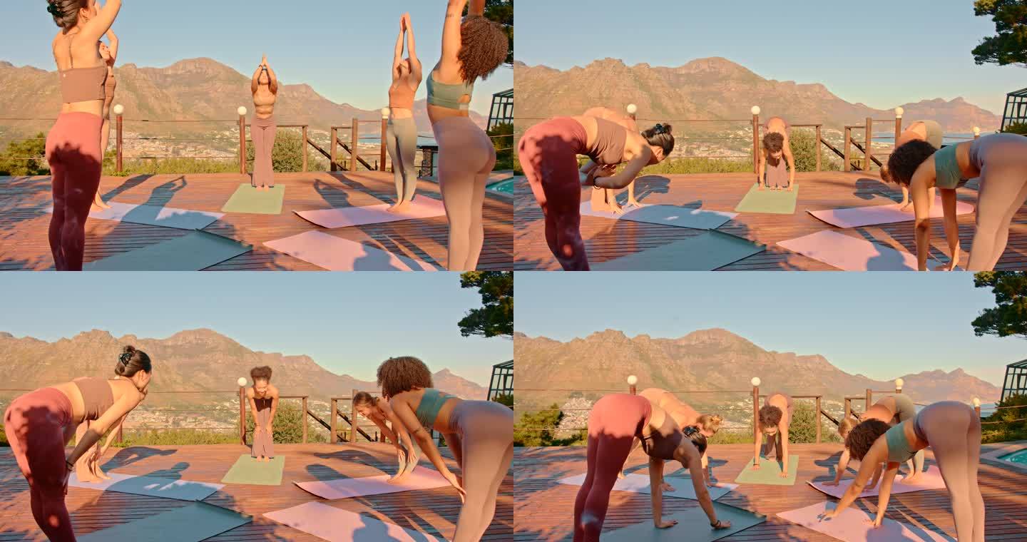 在大自然的户外练习中，多样化的瑜伽女性做namaste体式。一群活跃的朋友在静修时使用垫子并进行整体