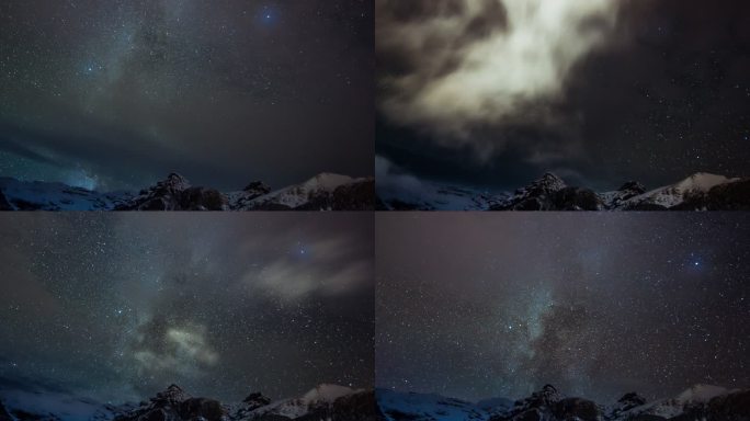 夜空雪山流星星轨星星旋转延时