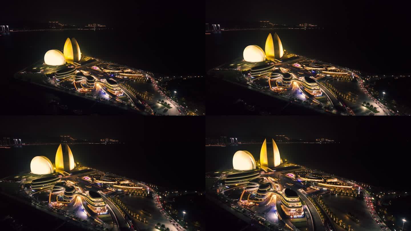 珠海日月贝夜景海上歌剧院贝壳航拍4k