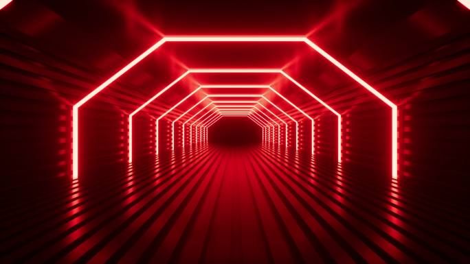红色霓虹光线隧道3D渲染