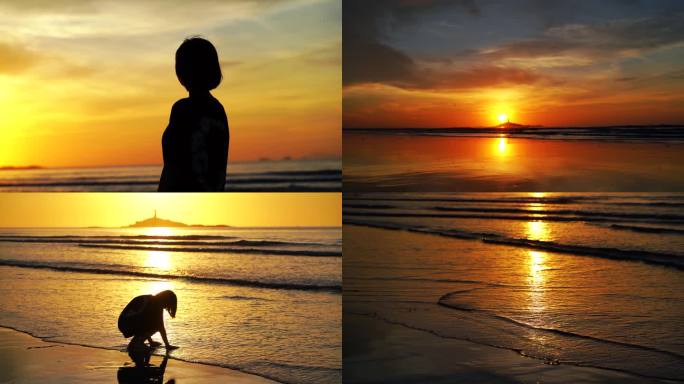 短发女孩海边看日出日落海岛夕阳黄昏大海水