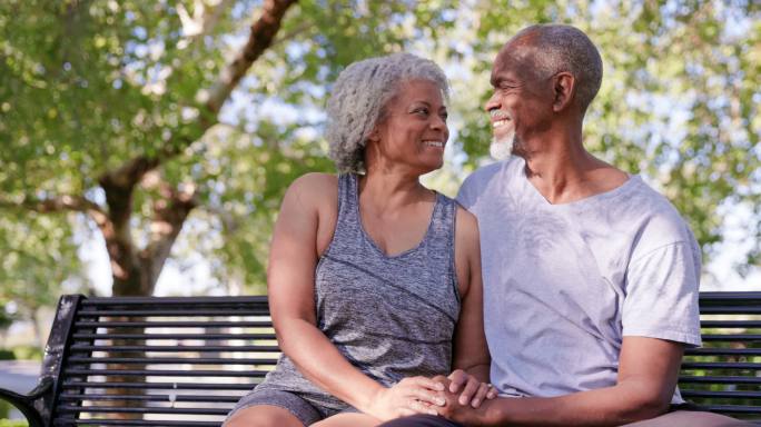 老年黑人夫妇在公园里坐着放松