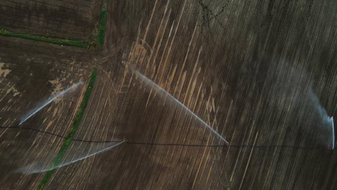 鸟瞰灌溉系统浇地，鸟瞰灌溉系统日落时浇地