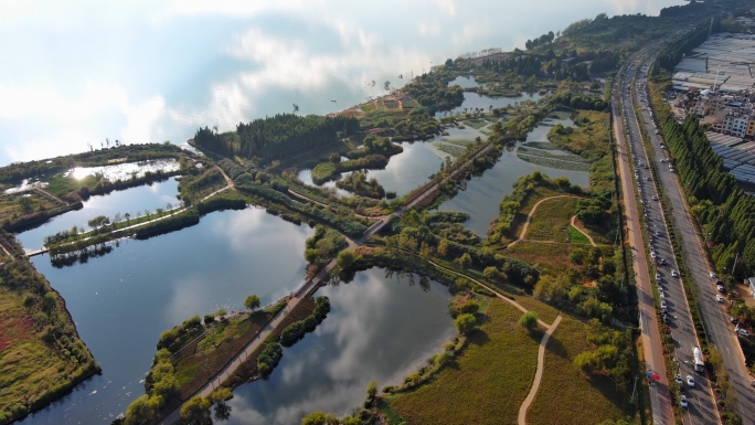 昆明湿地公园 天空之镜 滇池城市生态环境