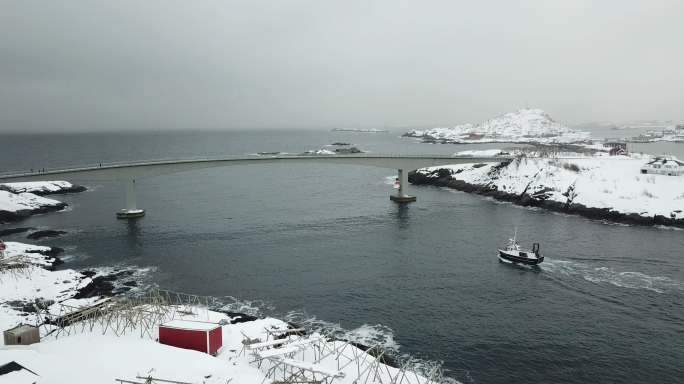 无人机鸟瞰Lofoten岛冬季地标