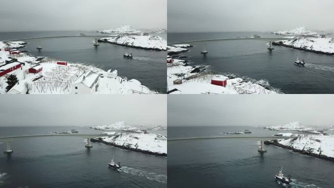 无人机鸟瞰Lofoten岛冬季地标
