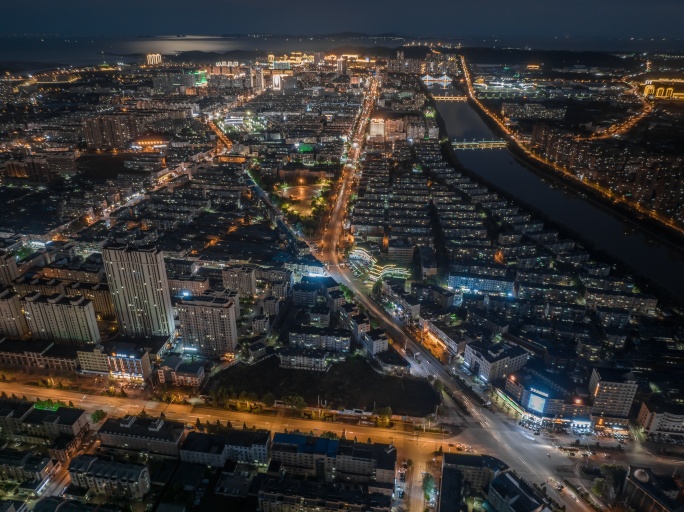 大连庄河城市夜景全景车水马龙航拍延时