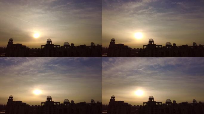 阴天太阳升起来城市雾霾污染阴天