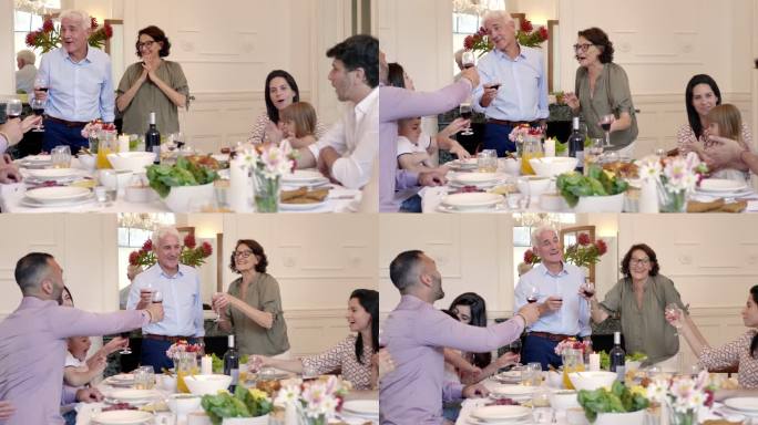 快乐的家人在家交谈和举杯