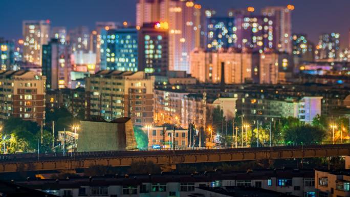 沈阳城市夜景建筑移轴小人国效果延时摄影