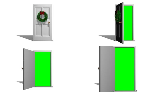 圣诞门缓慢打开的门开启的门绿色花环
