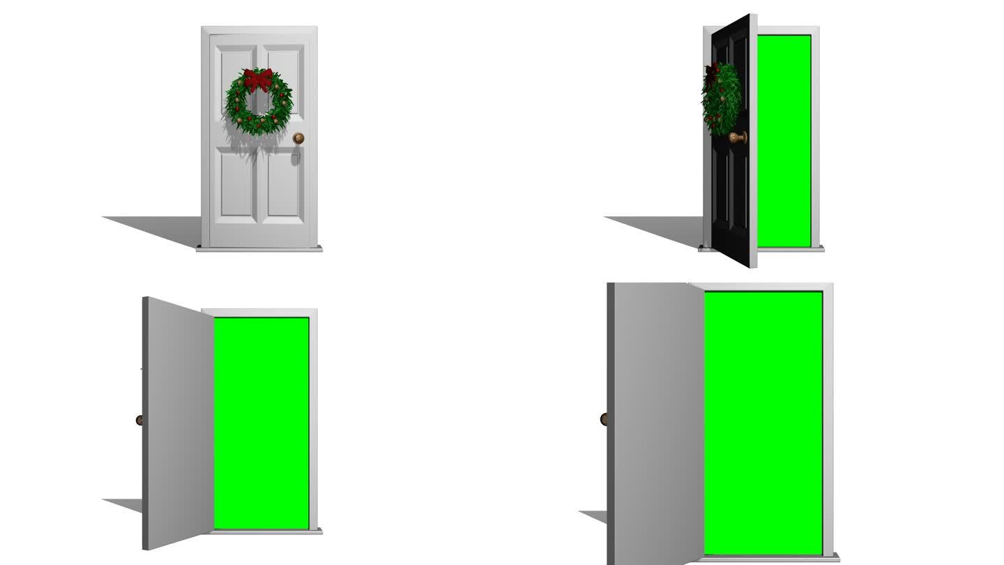 圣诞门缓慢打开的门开启的门绿色花环
