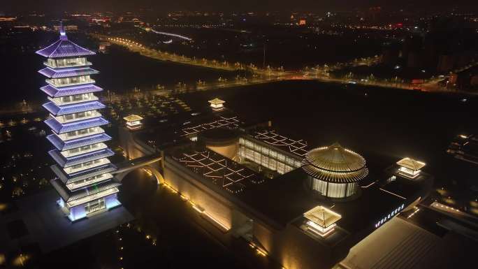 航拍扬州中国大运河博物馆夜景