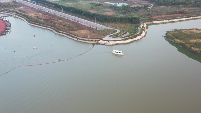 航海洪湖 洪湖游船 洪湖水  落日航拍