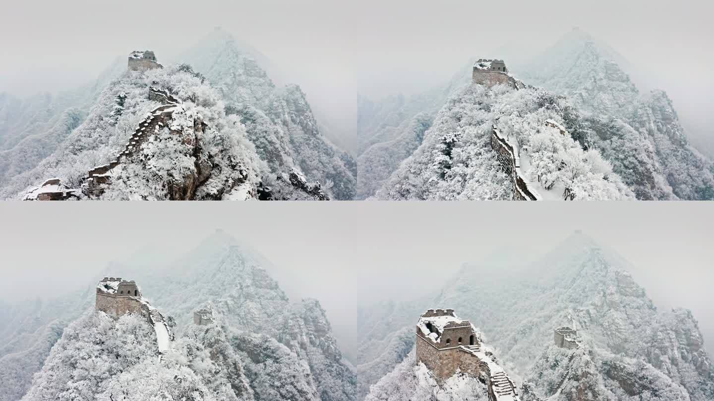 航拍险峻的中国长城雪景4k素材