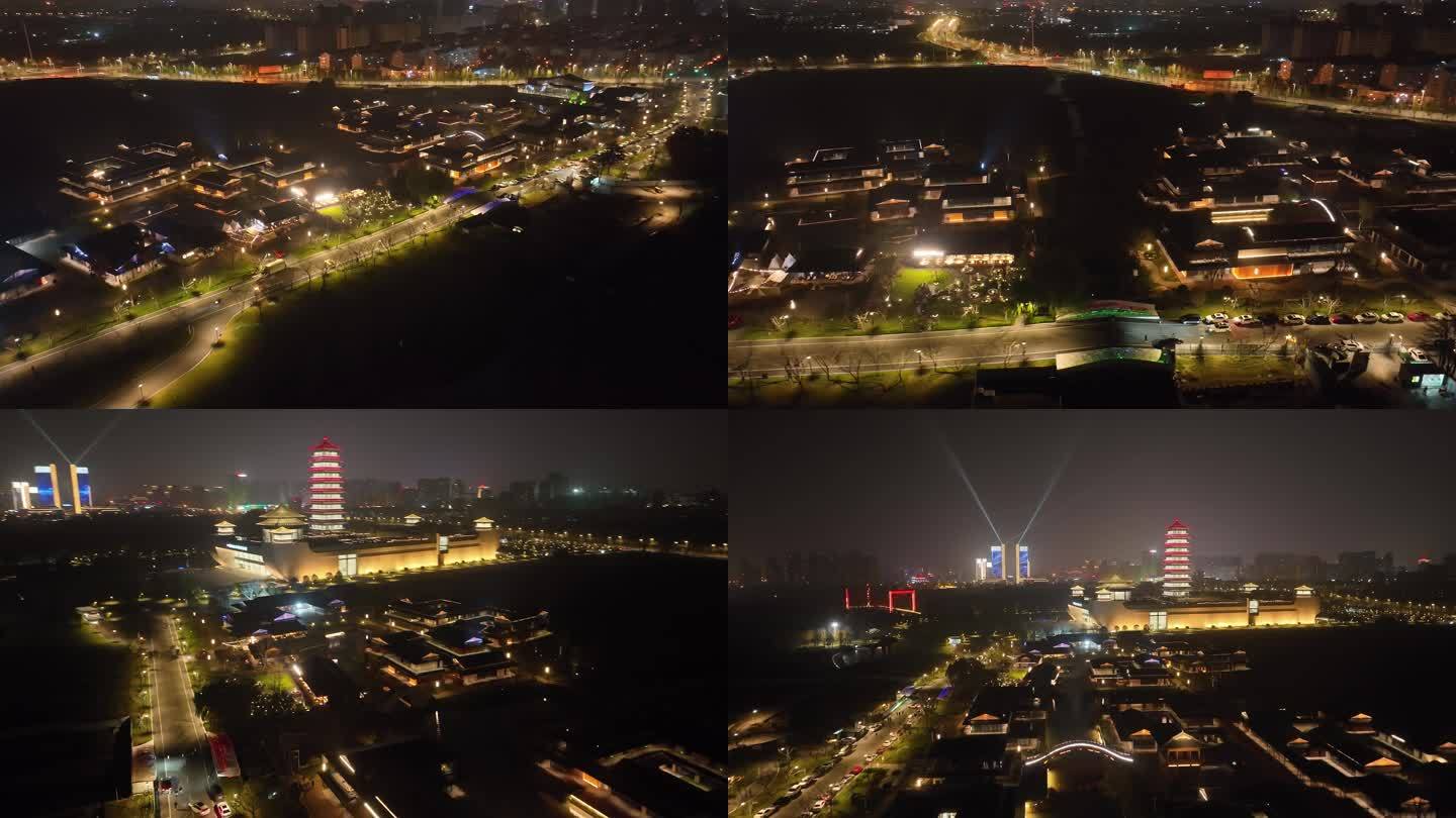 航拍扬州运河三湾景区夜景
