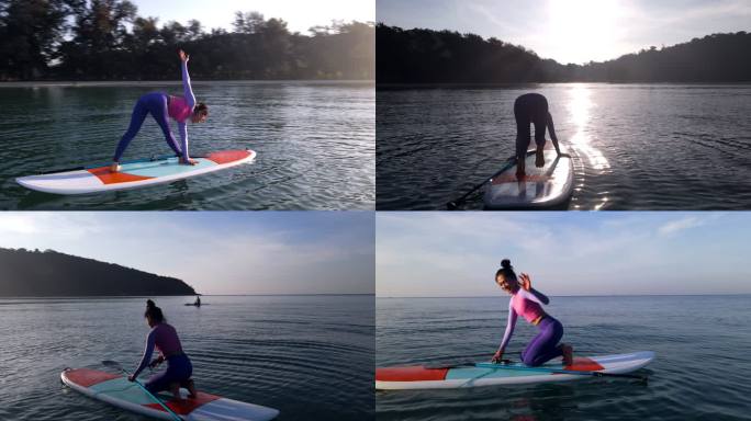 早上在沙滩上锻炼女性户外伸展身体。早晨在阳光柔和的海面上在桨板上练习瑜伽。