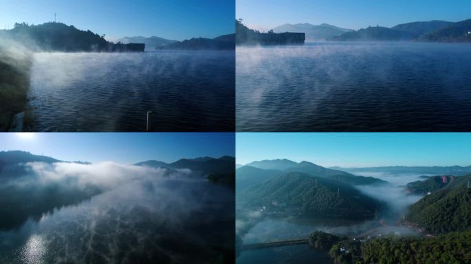 灵秀湖晨雾水汽氤氲航拍5.4K素材